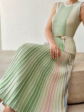 Green Casual Women's Striped Knit Pleated Long Skirt